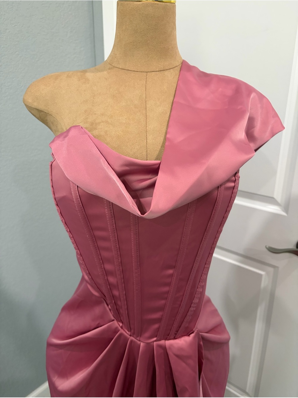 One-Shoulder Rose Pink Cocktail Dress with Draped Skirt - Picture 6 of 15